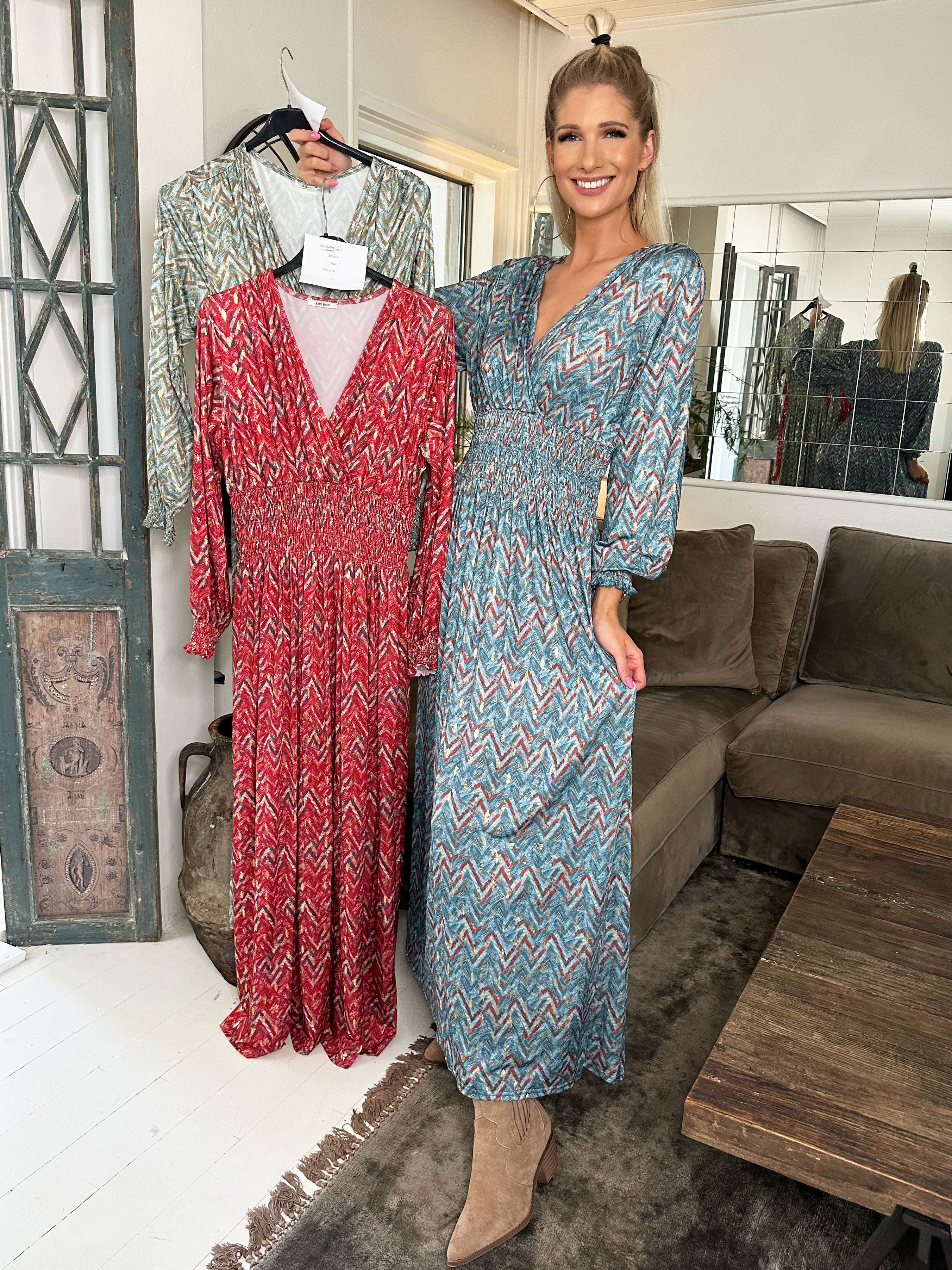 Pams ZigZag L/S - Lang elastisk kjole i krølfrit stof med lange ærmer